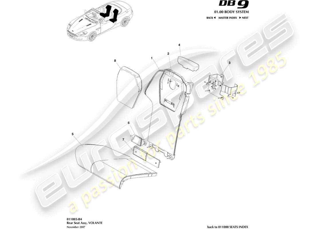 aston martin db9 (2008) siège arrière, diagramme de pièce volante
