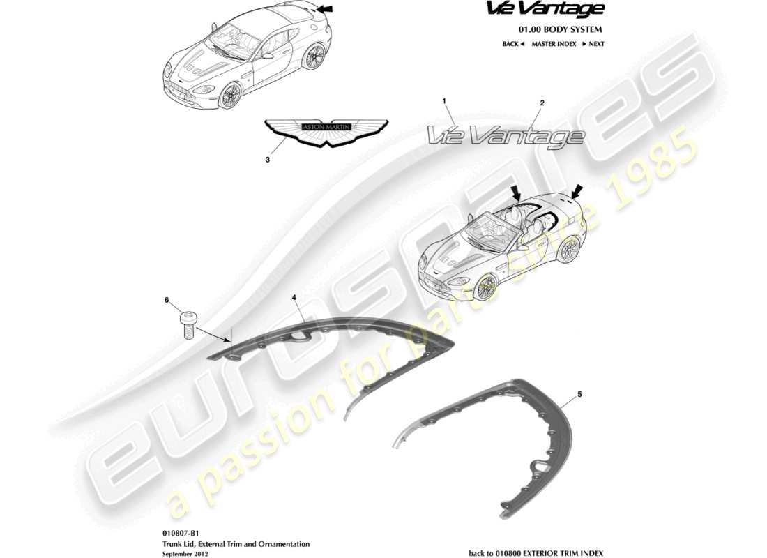 aston martin v12 vantage (2010) schéma des pièces de la garniture du couvercle du coffre