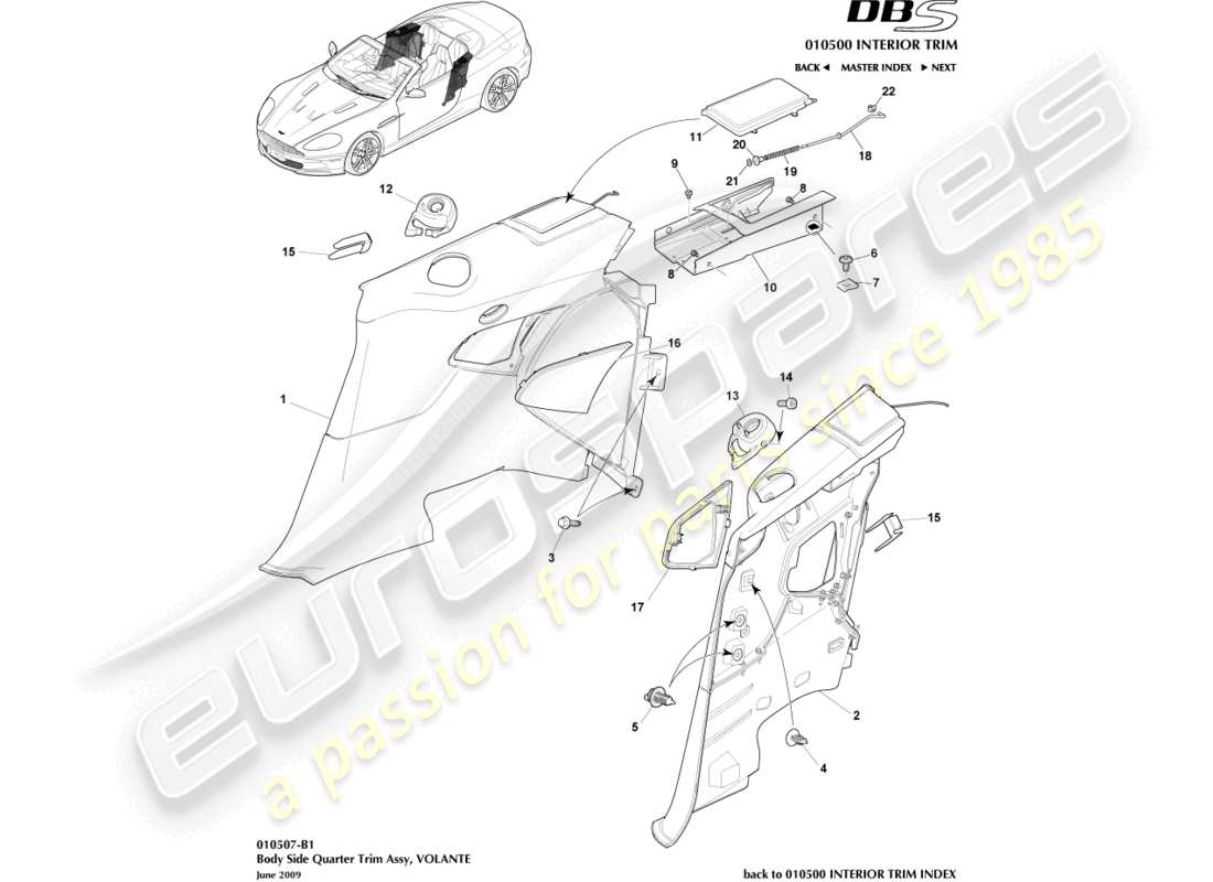 aston martin dbs (2010) garniture de custode latérale de carrosserie, diagramme de pièce volante