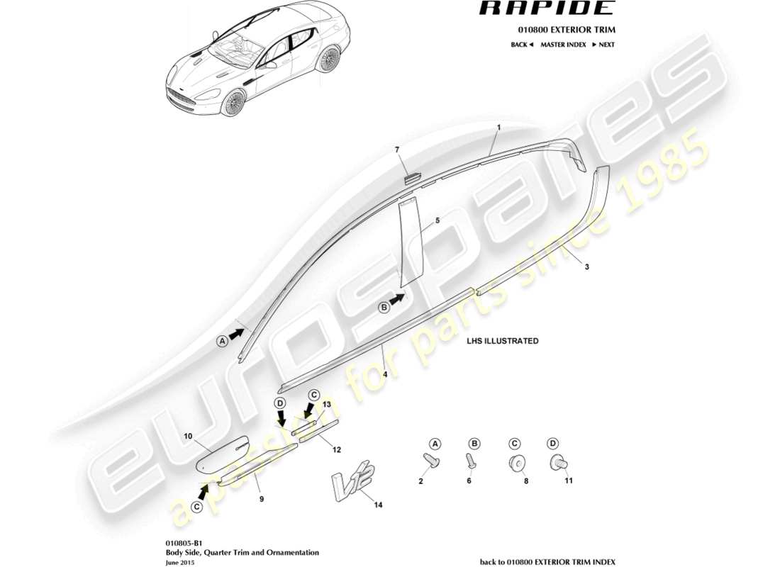 aston martin rapide (2012) diagramme des pièces de garniture latérale de carrosserie