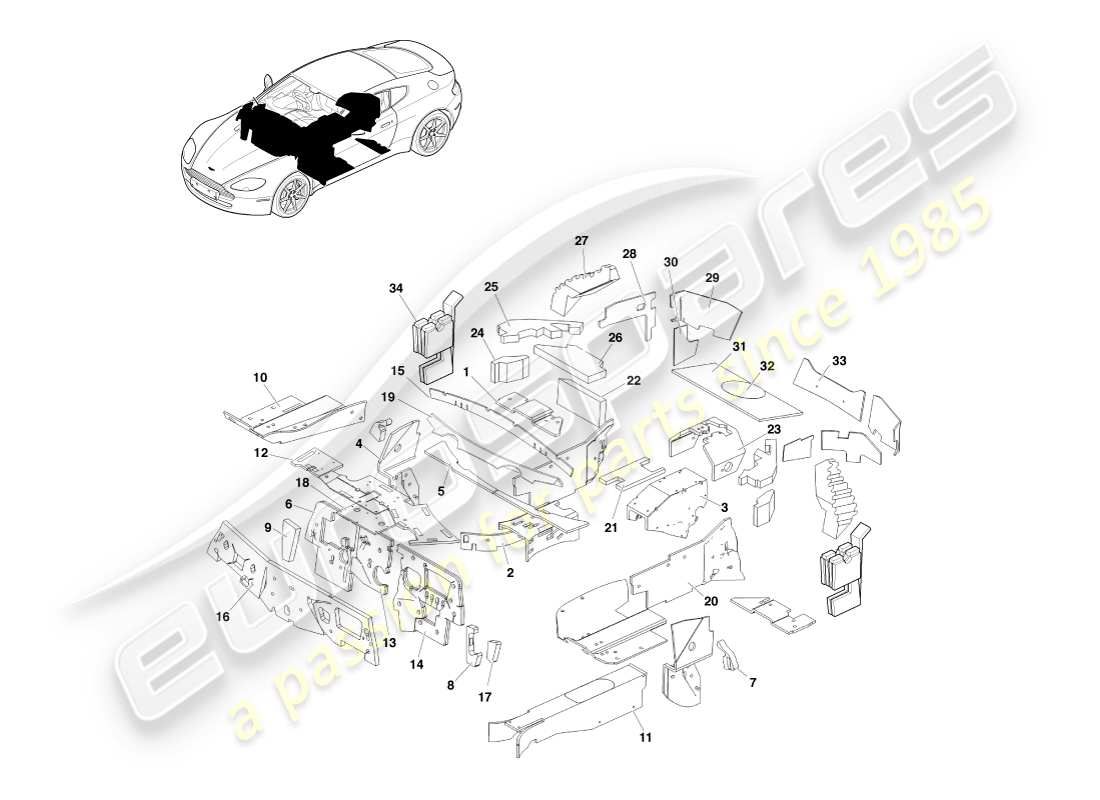 aston martin v8 vantage (2005) isolation de la carrosserie, diagramme de pièces rhd