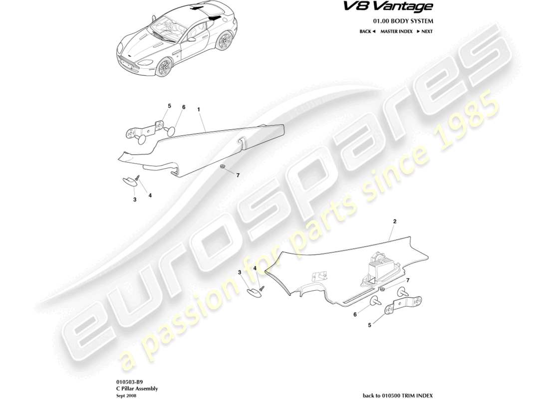 aston martin v8 vantage (2010) diagramme des pièces de l'assemblage du pilier c