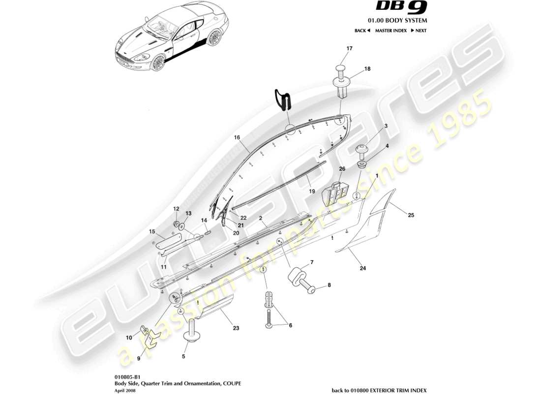 aston martin db9 (2008) garniture latérale et de custode, diagramme des pièces du coupé