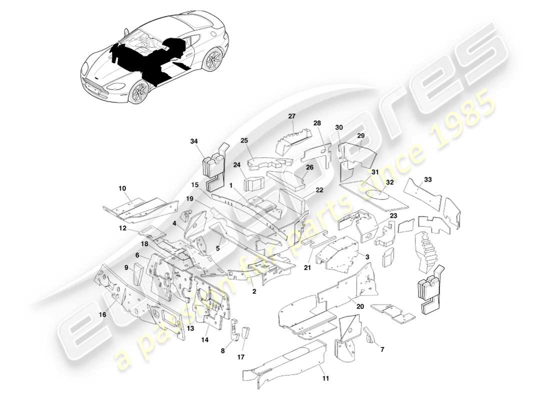 aston martin v8 vantage (2007) isolation de la carrosserie, diagramme de pièces rhd