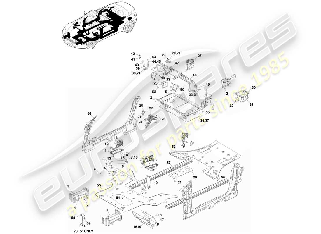 aston martin v8 vantage (2005) composants de carrosserie, diagramme des pièces du roadster