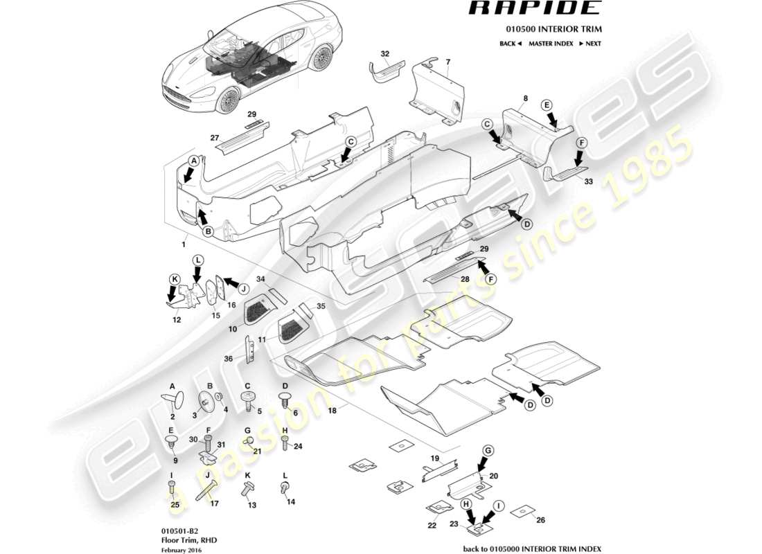 aston martin rapide (2014) garniture de plancher principal, diagramme de pièce à droite