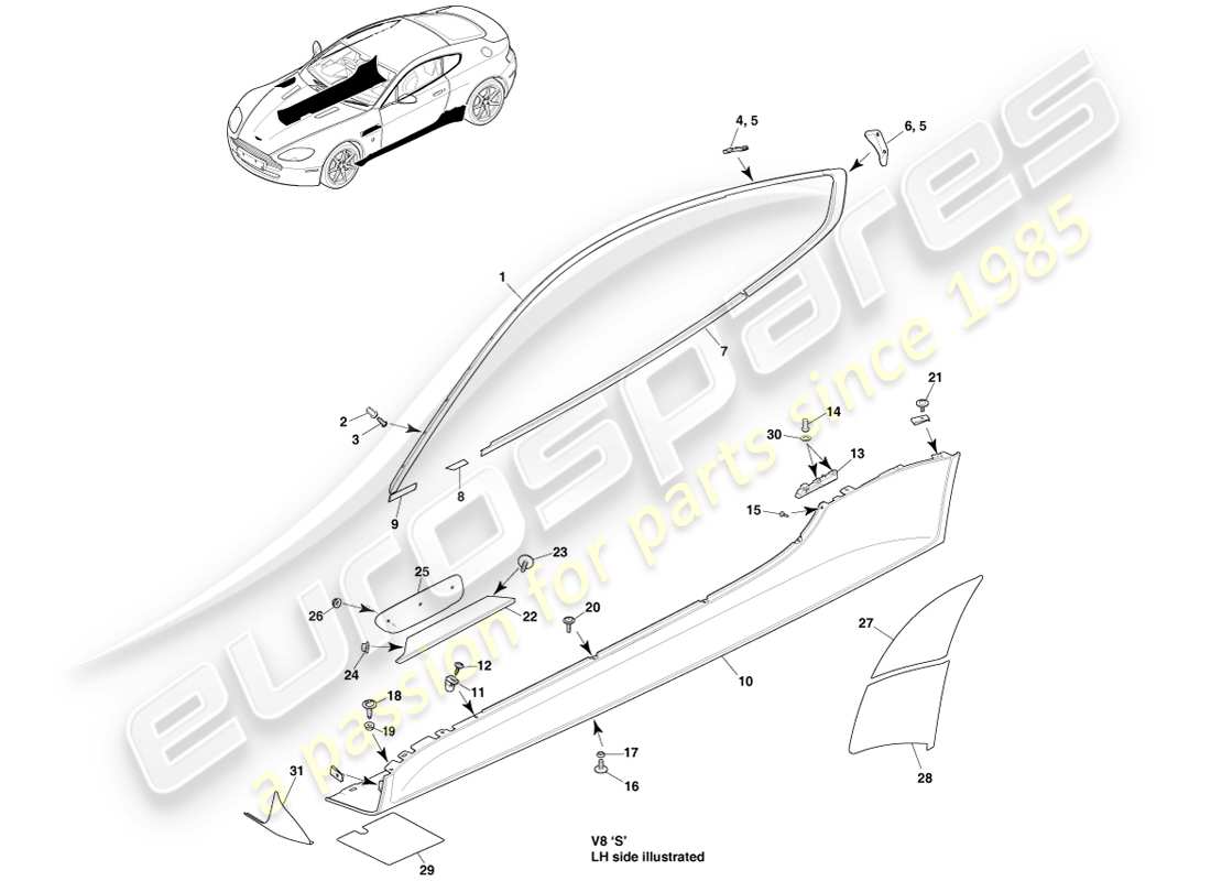aston martin v8 vantage (2007) garniture latérale et de custode, diagramme des pièces du coupé