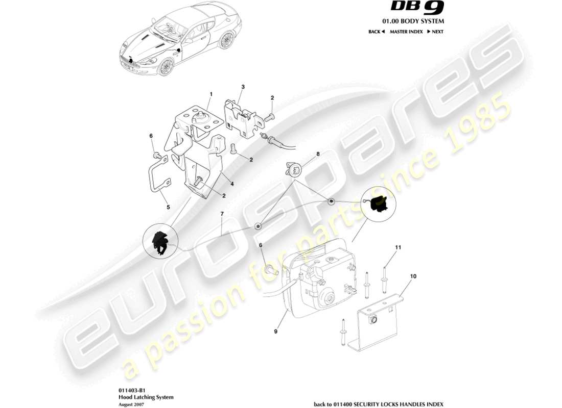 aston martin db9 (2008) schéma des pièces du système de verrouillage du capot