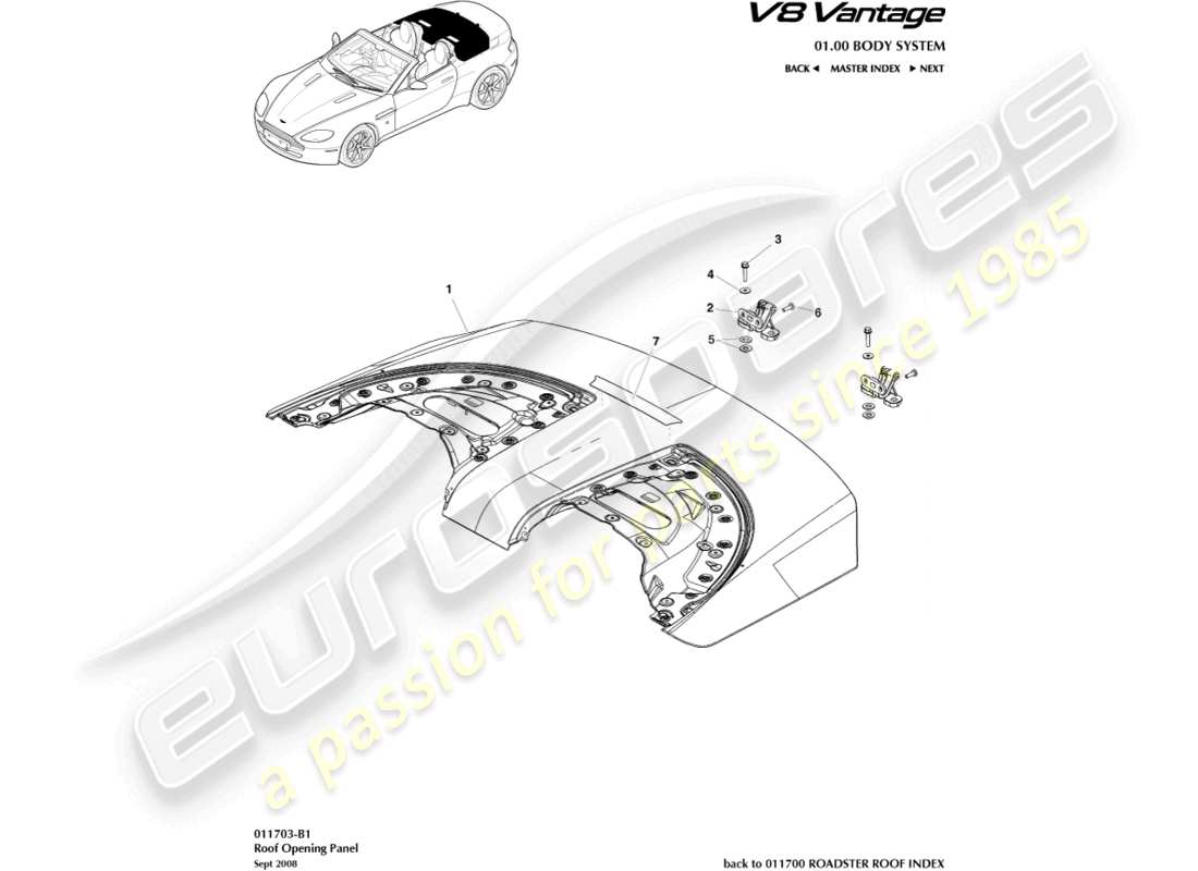 aston martin v8 vantage (2008) schéma des pièces du panneau d'ouverture de toit