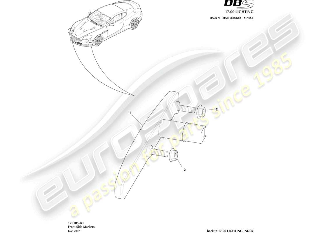 aston martin dbs (2010) diagramme des pièces des marqueurs latéraux avant