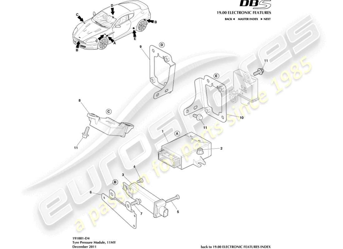 aston martin dbs (2008) module de pression des pneus, 11my diagramme de pièce