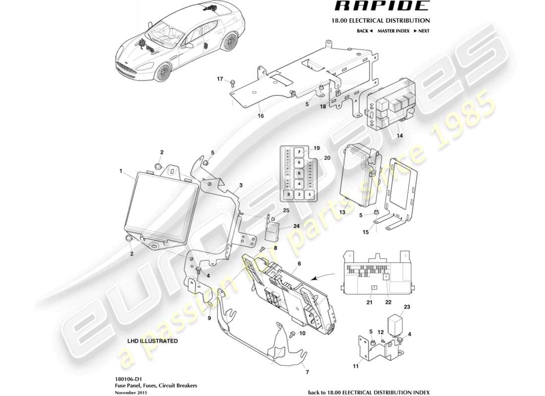 aston martin rapide (2011) schéma des pièces des panneaux de fusibles