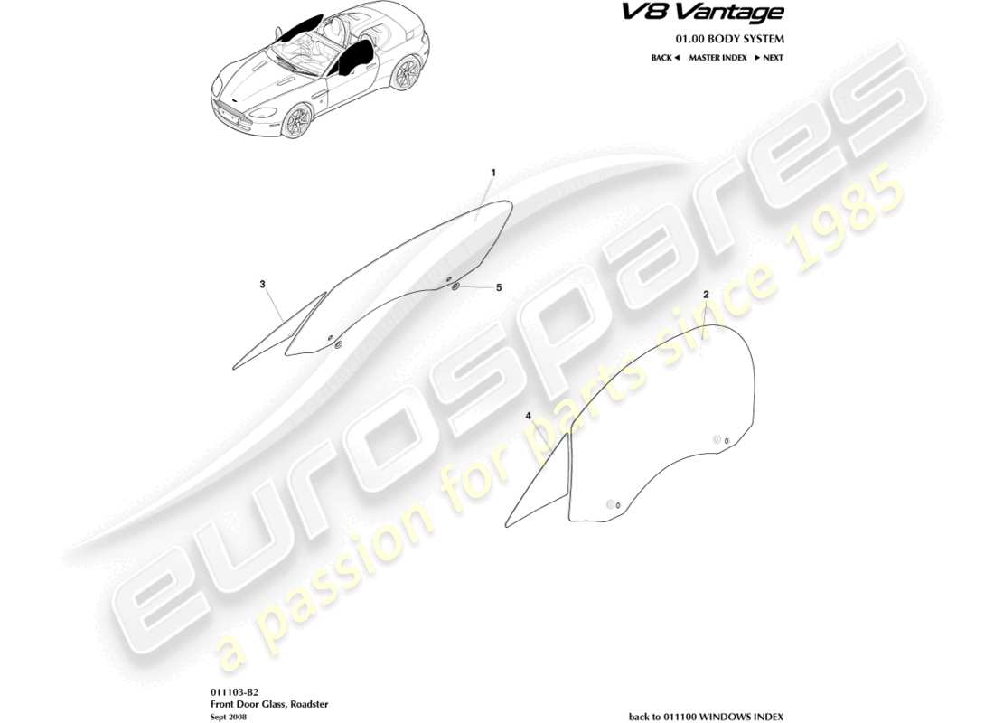 aston martin v8 vantage (2018) vitre de porte, diagramme de pièce du roadster