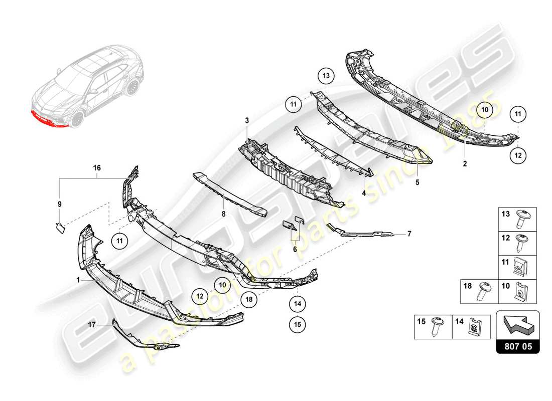 lamborghini urus (2020) pare-choc, complet carbone schéma des pièces