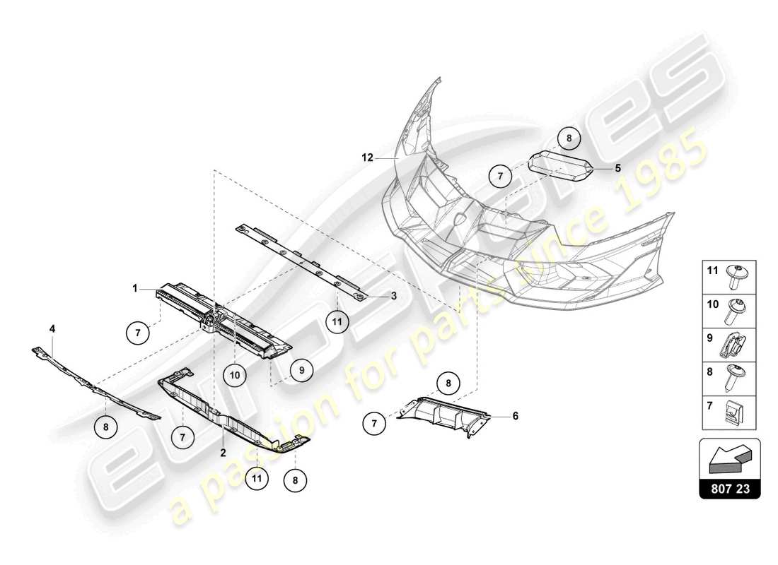 lamborghini lp770-4 svj coupe (2022) pièces de fixation aérodynamiques avant schéma des pièces