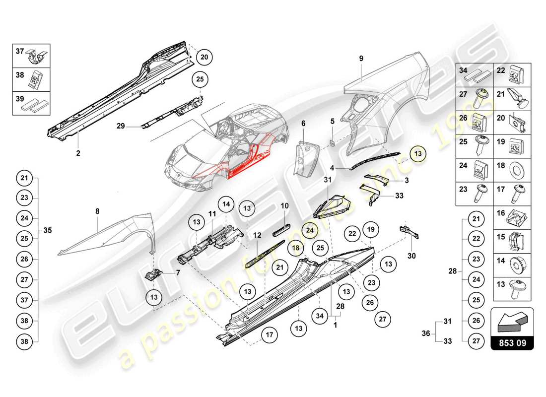 lamborghini 2023 (tecnica) latéral extérieur inférieur pour carter de roue schéma des pièces