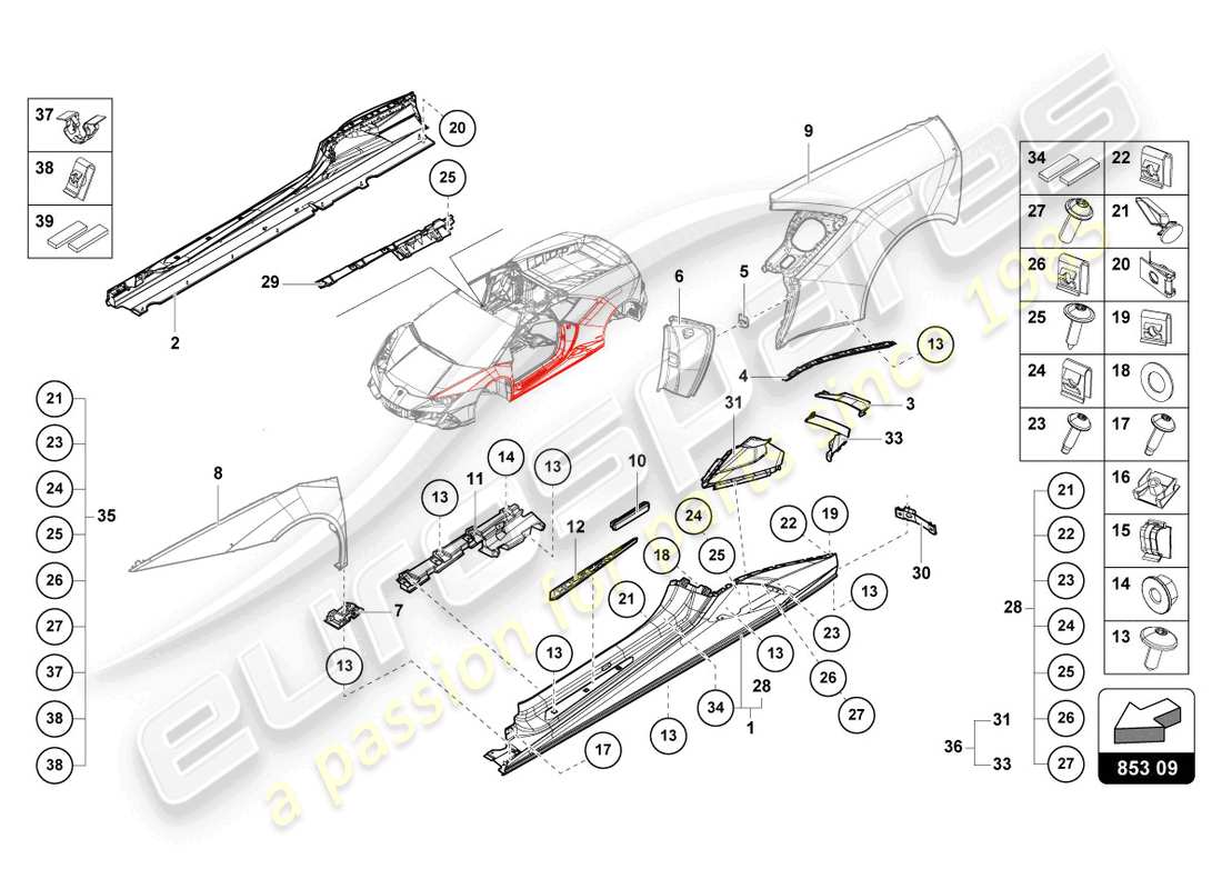 lamborghini tecnica (2023) latéral extérieur inférieur pour carter de roue schéma des pièces