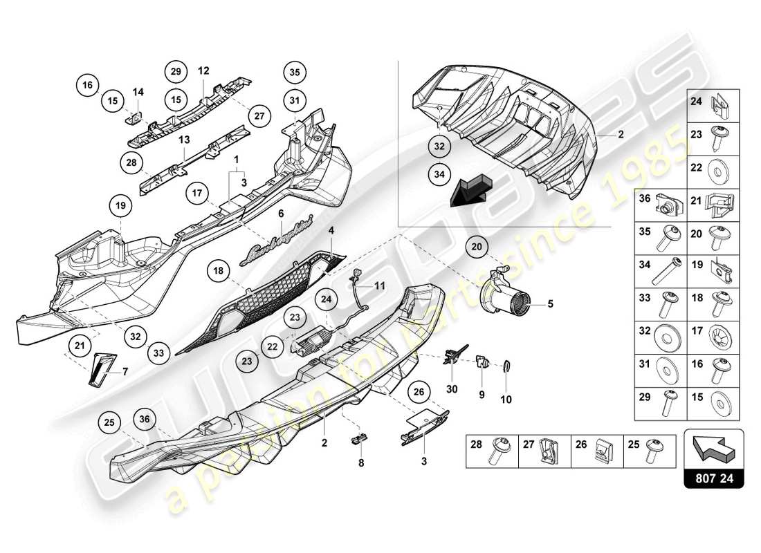 lamborghini ultimae roadster (2022) pare-choc, arrière complet schéma des pièces