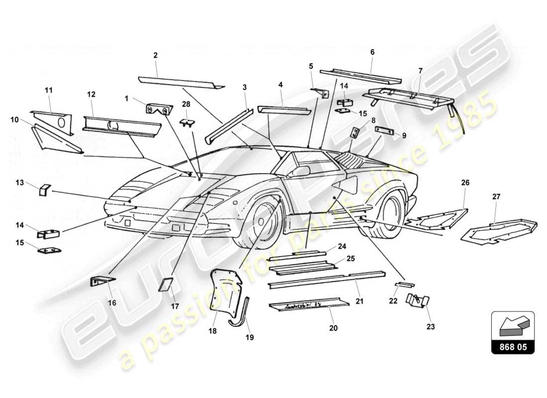 lamborghini countach 25th anniversary (1989) supports et protections schéma des pièces