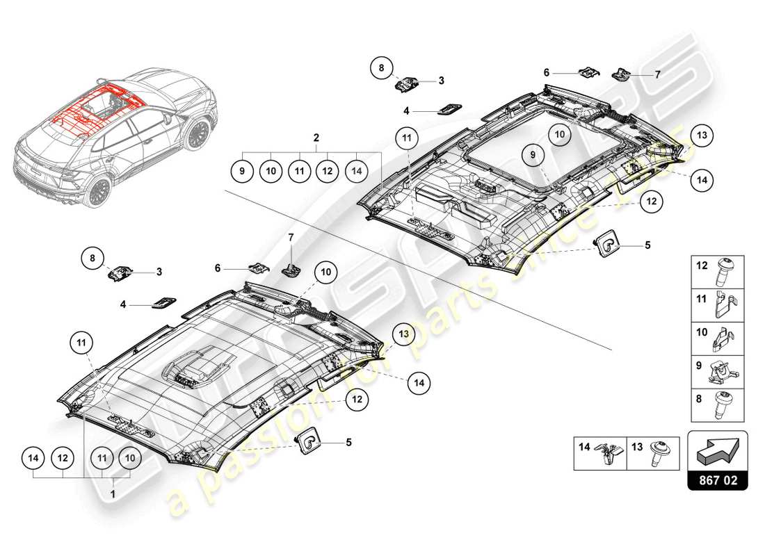 lamborghini urus (2019) garniture de toit schéma des pièces