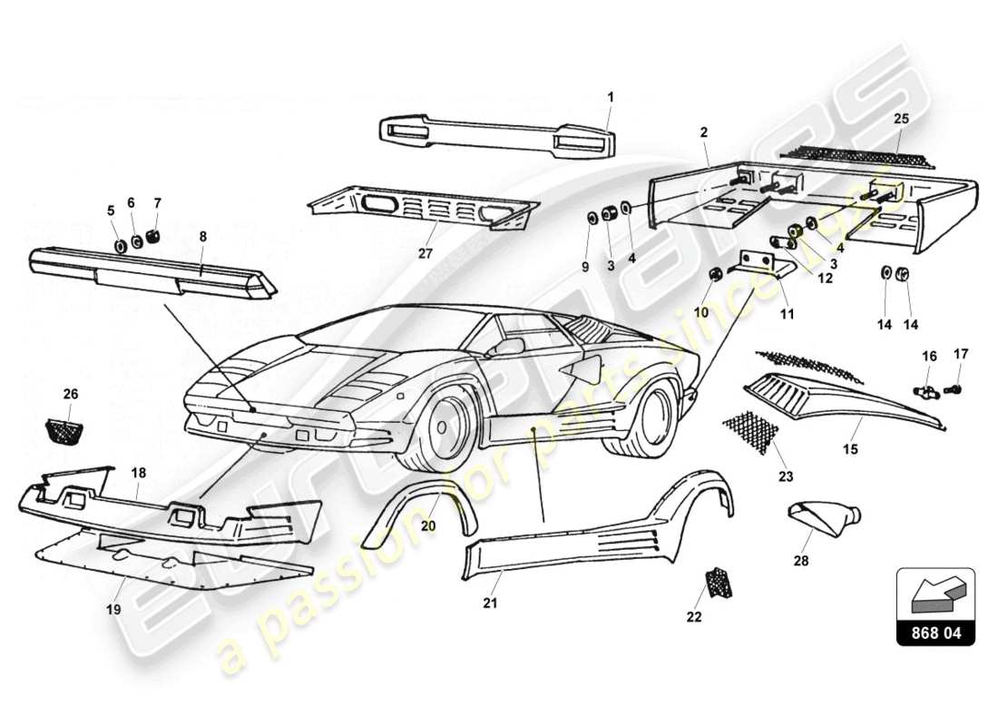 lamborghini countach 25th anniversary (1989) doublure externe schéma des pièces