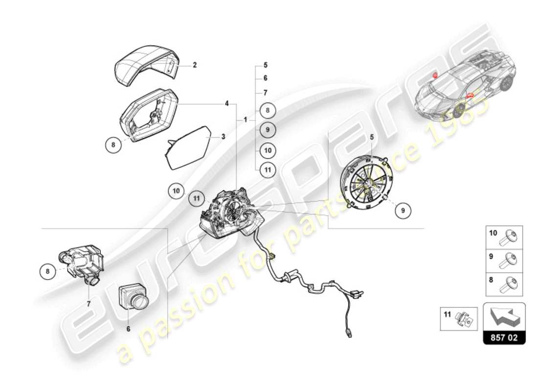 lamborghini revuelto coupe (2024) miroir extérieur schéma des pièces