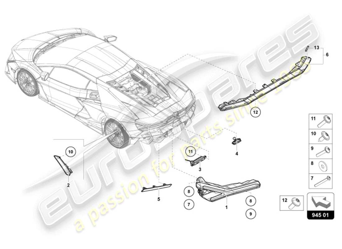 lamborghini revuelto coupe (2024) feux arrière avec clignotants, feux de stop et feux arrière, réflecteur schéma des pièces