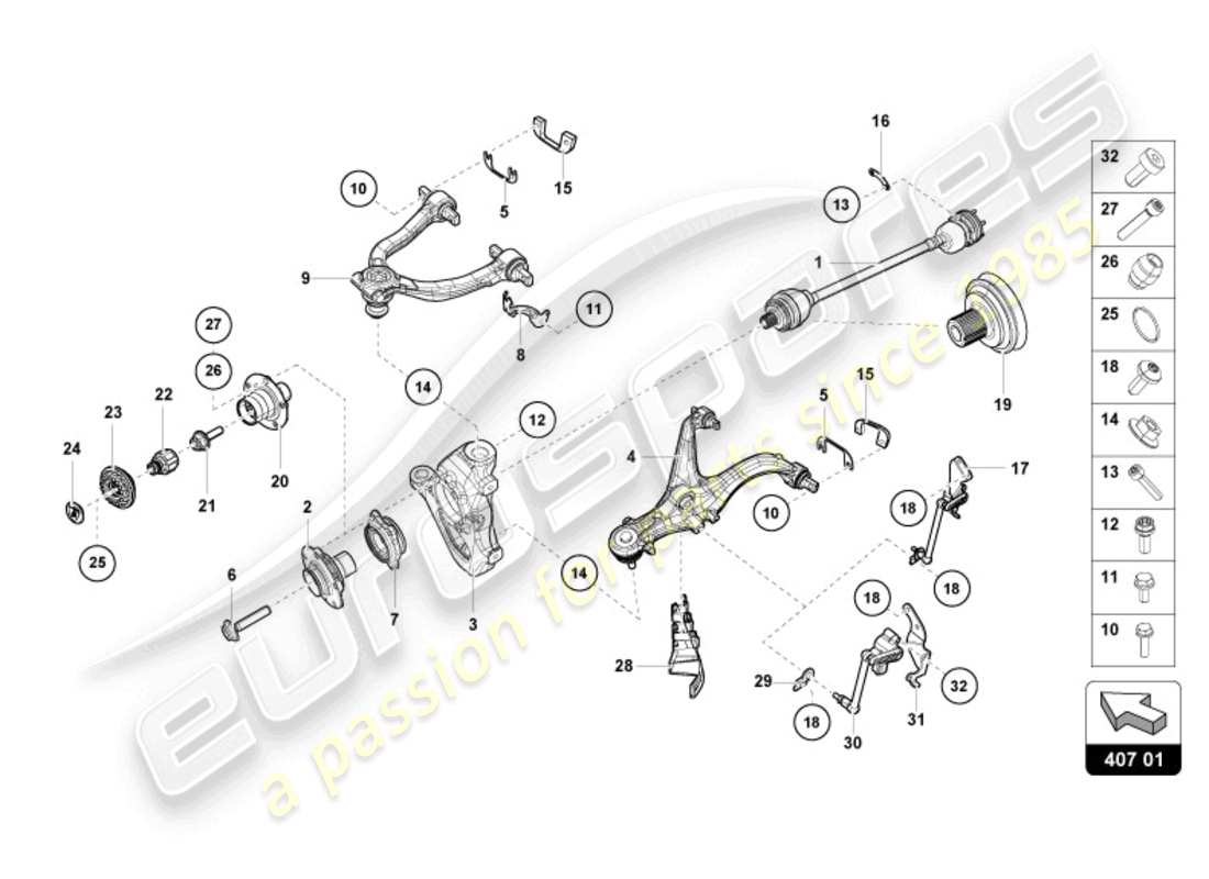 lamborghini evo spyder (2024) arbre d'essieu avant schéma des pièces