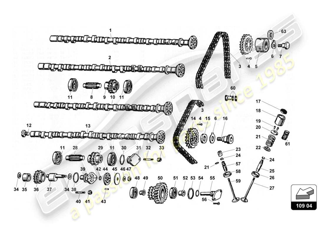 lamborghini countach 25th anniversary (1989) diagramme des pièces des arbres à cames et des soupapes