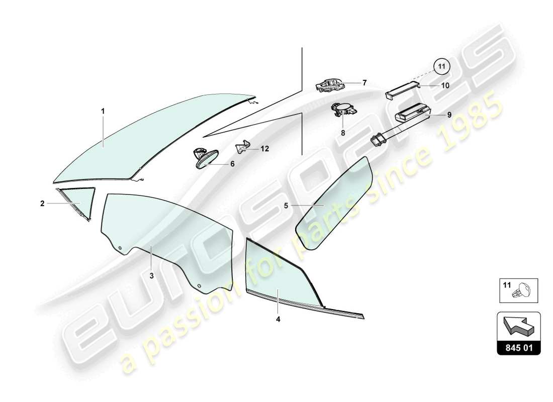 lamborghini evo spyder 2wd (2021) lunettes de fenêtre schéma des pièces