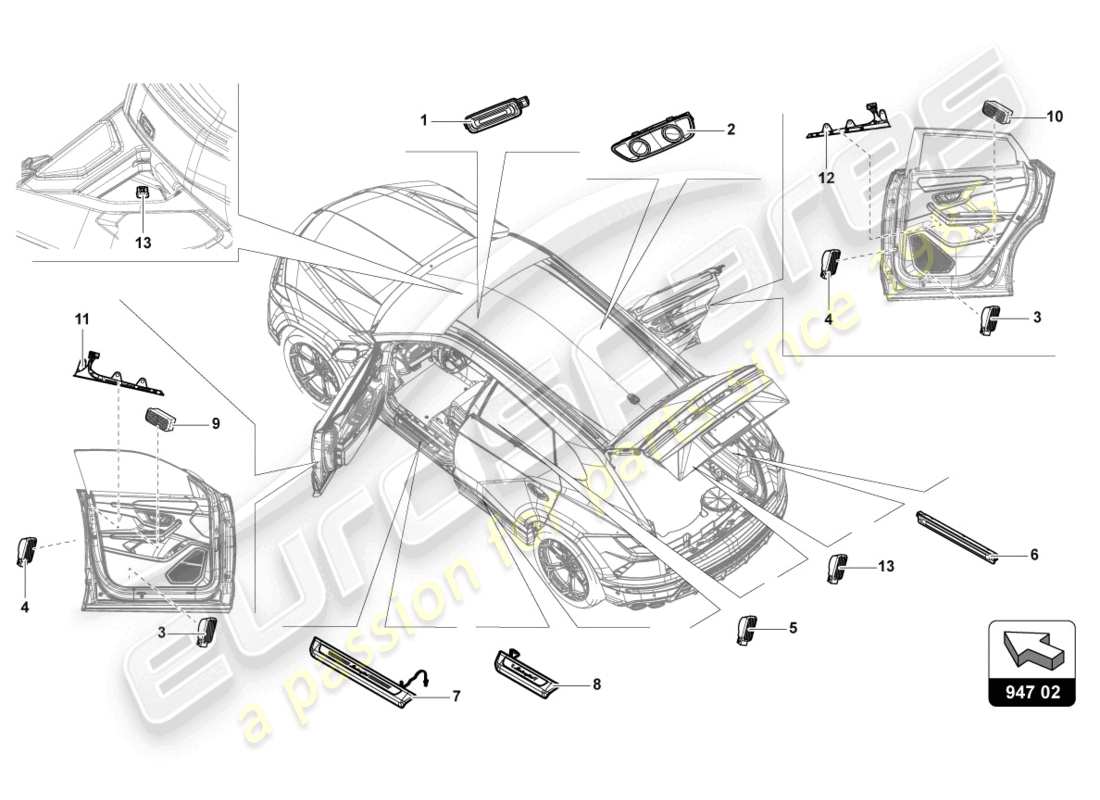 lamborghini urus (2022) pièces individuelles pour lampe d'intérieur et de lecture schéma des pièces