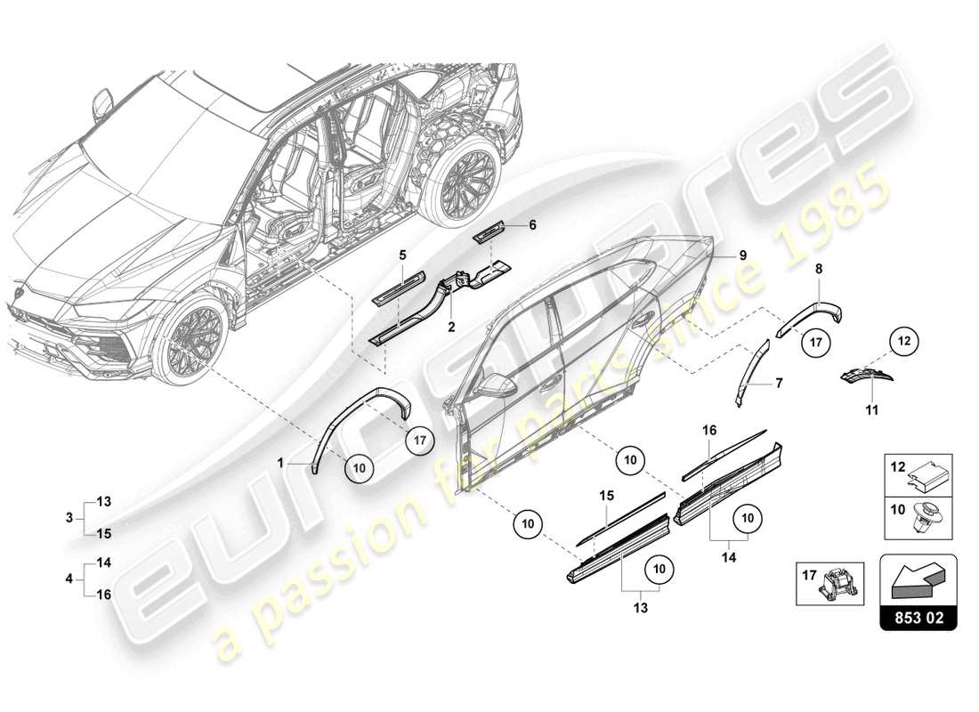 lamborghini urus (2022) bande de garniture de seuil schéma des pièces