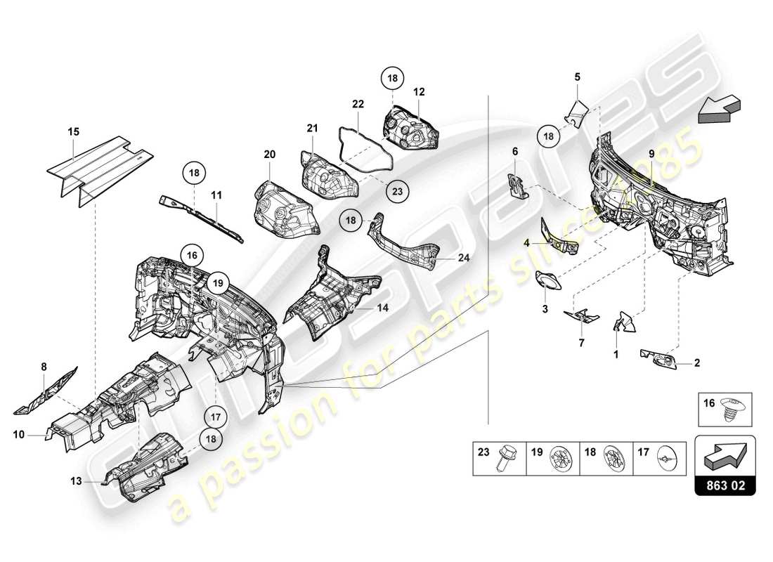 lamborghini urus (2020) absorbeur sonore pour sol, cloison et tunnel schéma des pièces