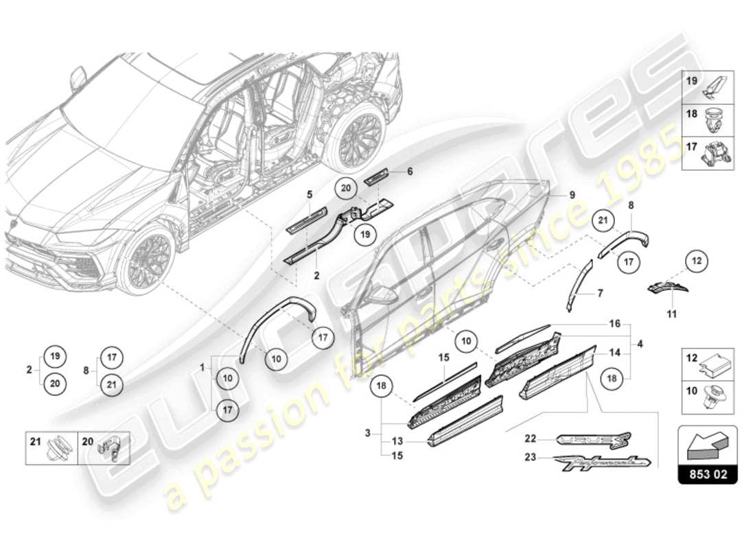 lamborghini urus (2020) bande de garniture de seuil schéma des pièces
