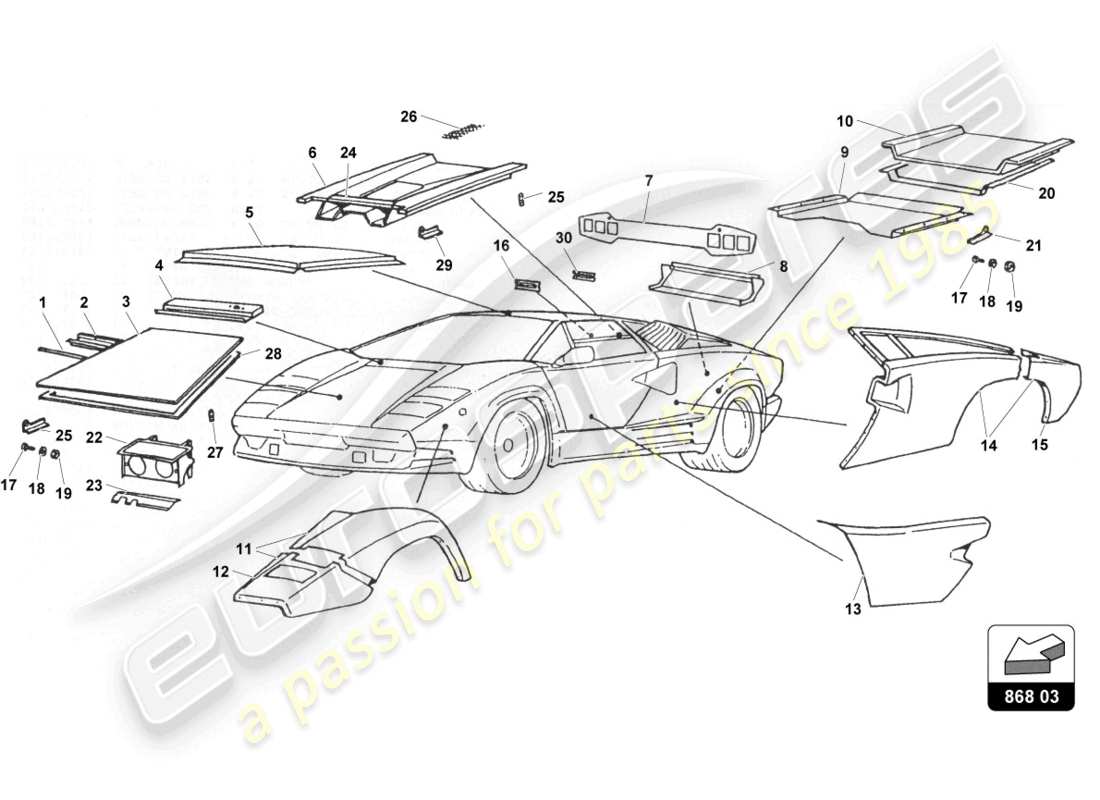 un schéma de pièces du catalogue de pièces lamborghini countach