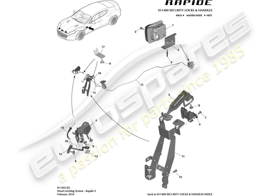 aston martin rapide (2017) système de verrouillage du capot, diagramme des pièces s