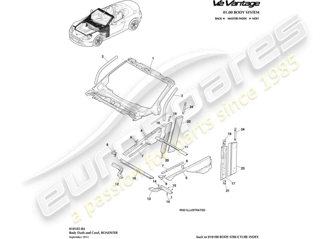 aston martin v12 vantage (2010) tableau de bord et capot de carrosserie, diagramme de pièces du roadster