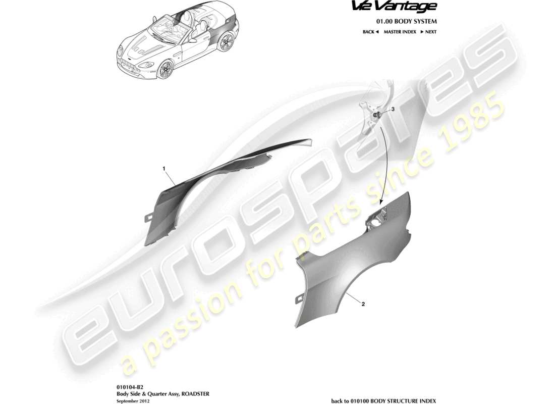 aston martin v12 vantage (2010) côté carrosserie du panneau, diagramme des pièces du roadster