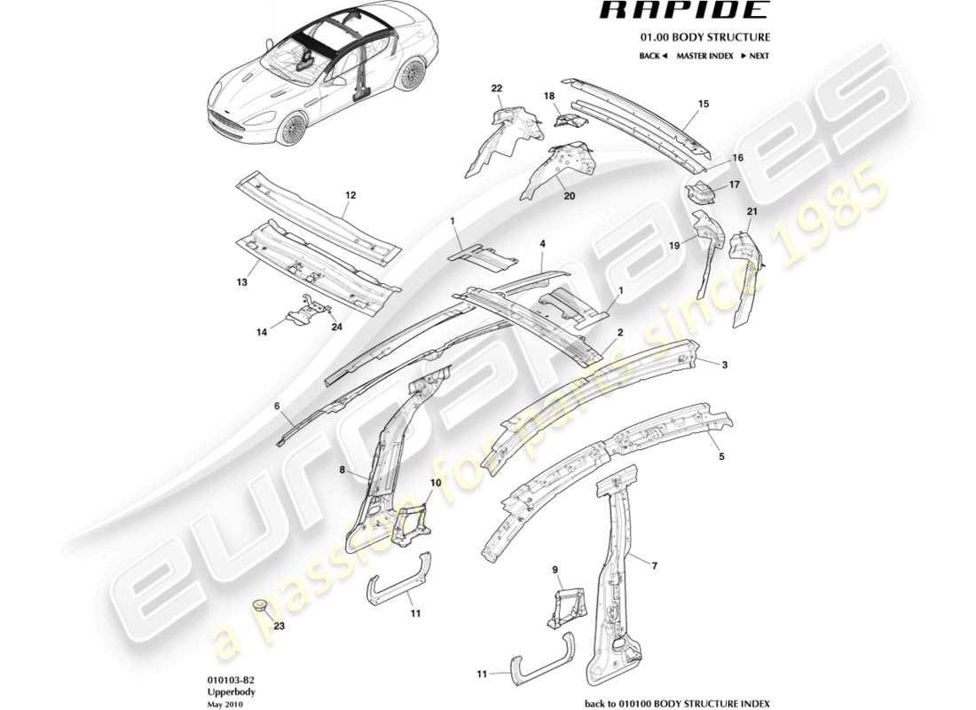 aston martin rapide (2011) diagramme des parties du cadre du haut du corps