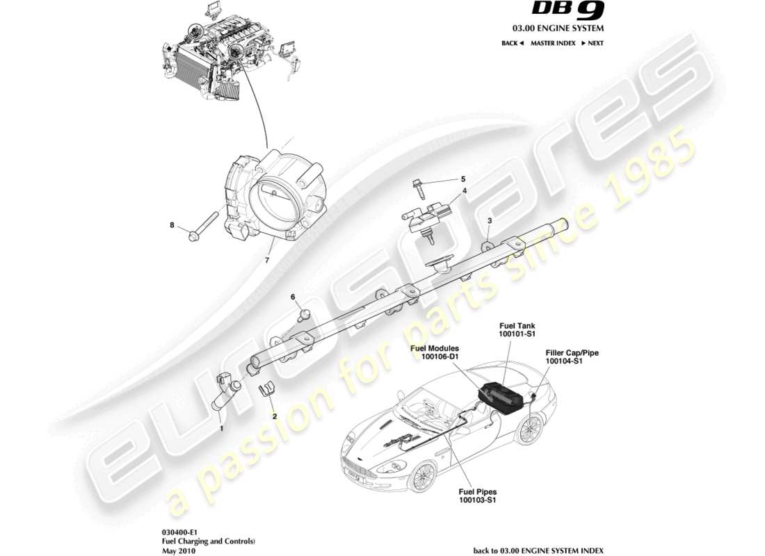 aston martin db9 (2007) chargement et contrôle du carburant schéma des pièces