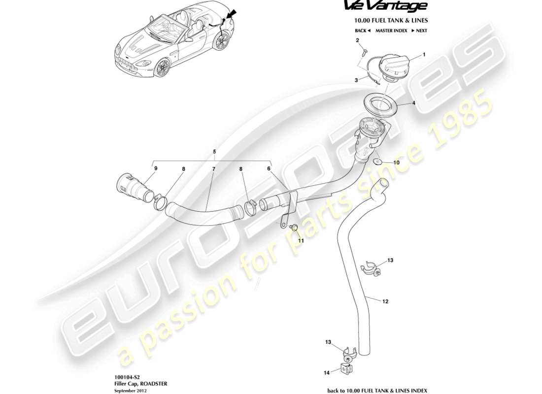 aston martin v12 vantage (2010) remplisseur de carburant, diagramme de pièce du roadster