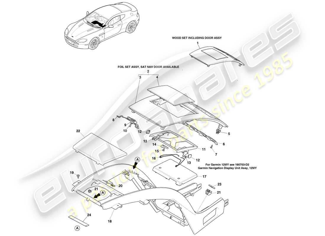 aston martin v8 vantage (2005) colonne centrale, avec navigation par satellite, vers 16my diagramme de pièces