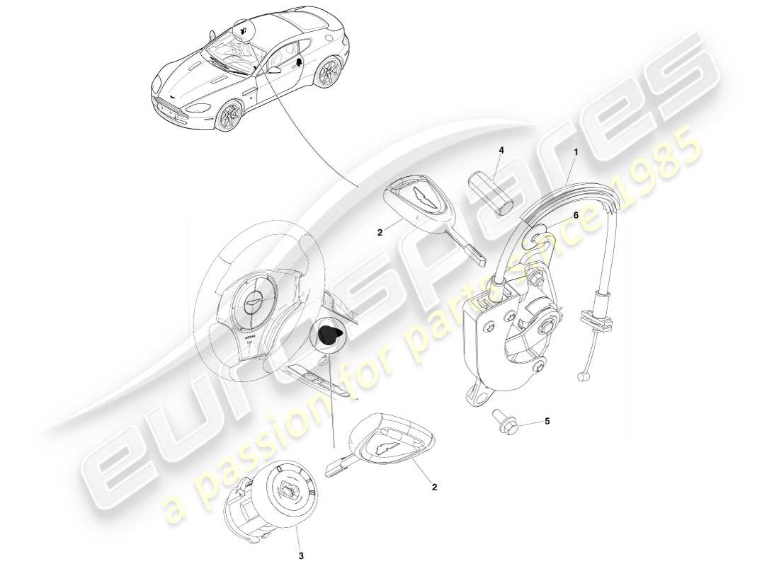 aston martin v8 vantage (2005) ensemble de serrures et clés, diagramme de pièces rhd