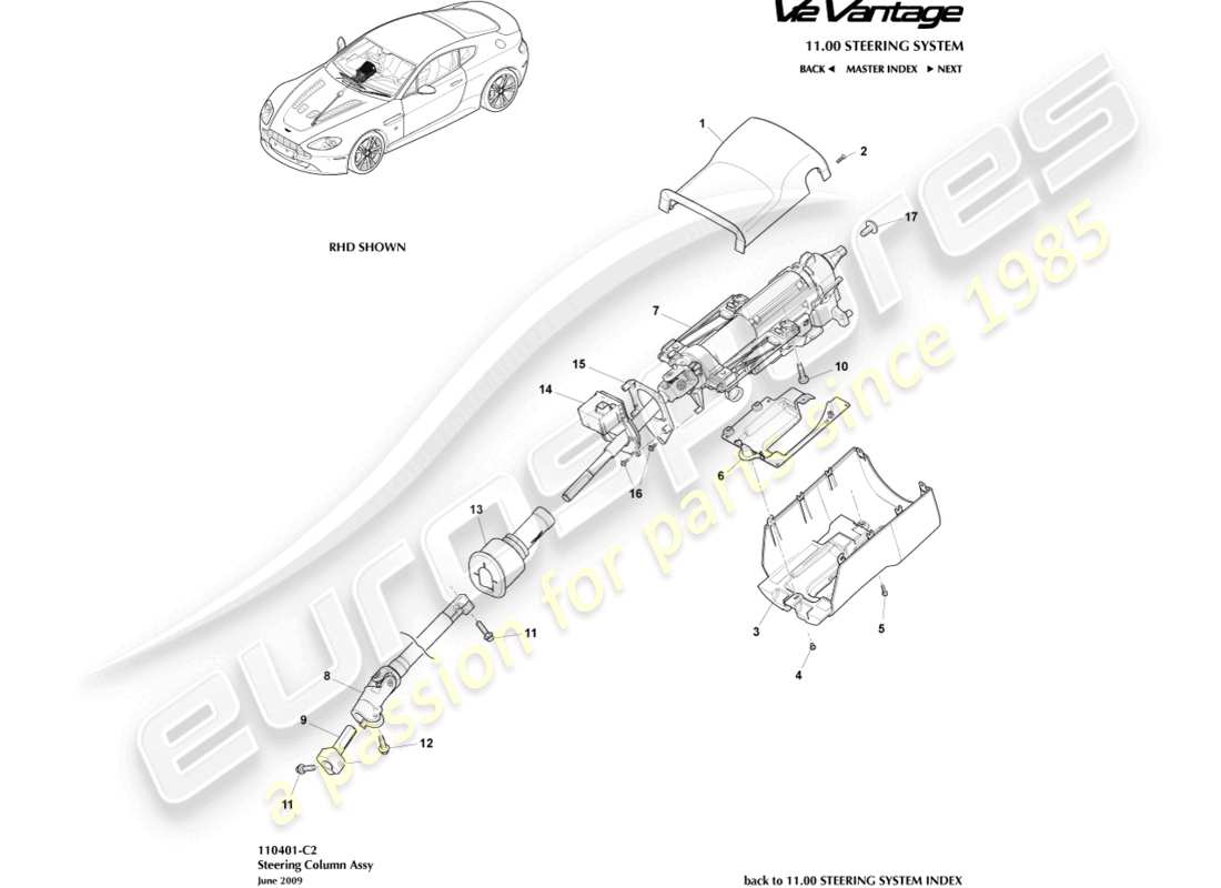 aston martin v12 vantage (2010) schéma des pièces de l'assemblage de la colonne de direction