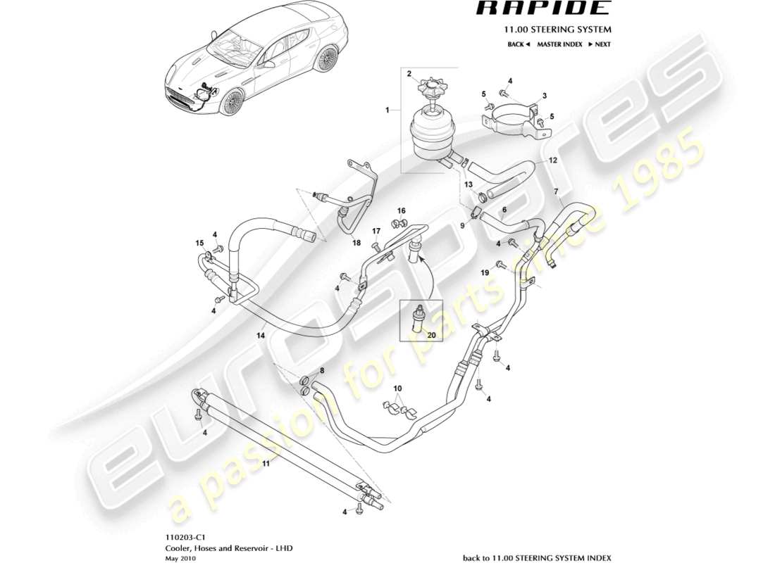 aston martin rapide (2011) tuyaux pas, diagramme de pièces lhd