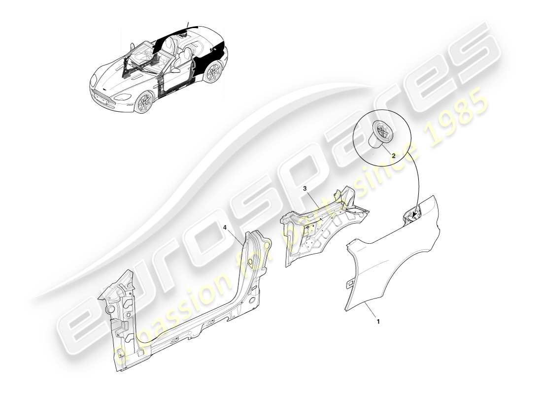 aston martin v8 vantage (2005) côté carrosserie du panneau, diagramme des pièces du roadster