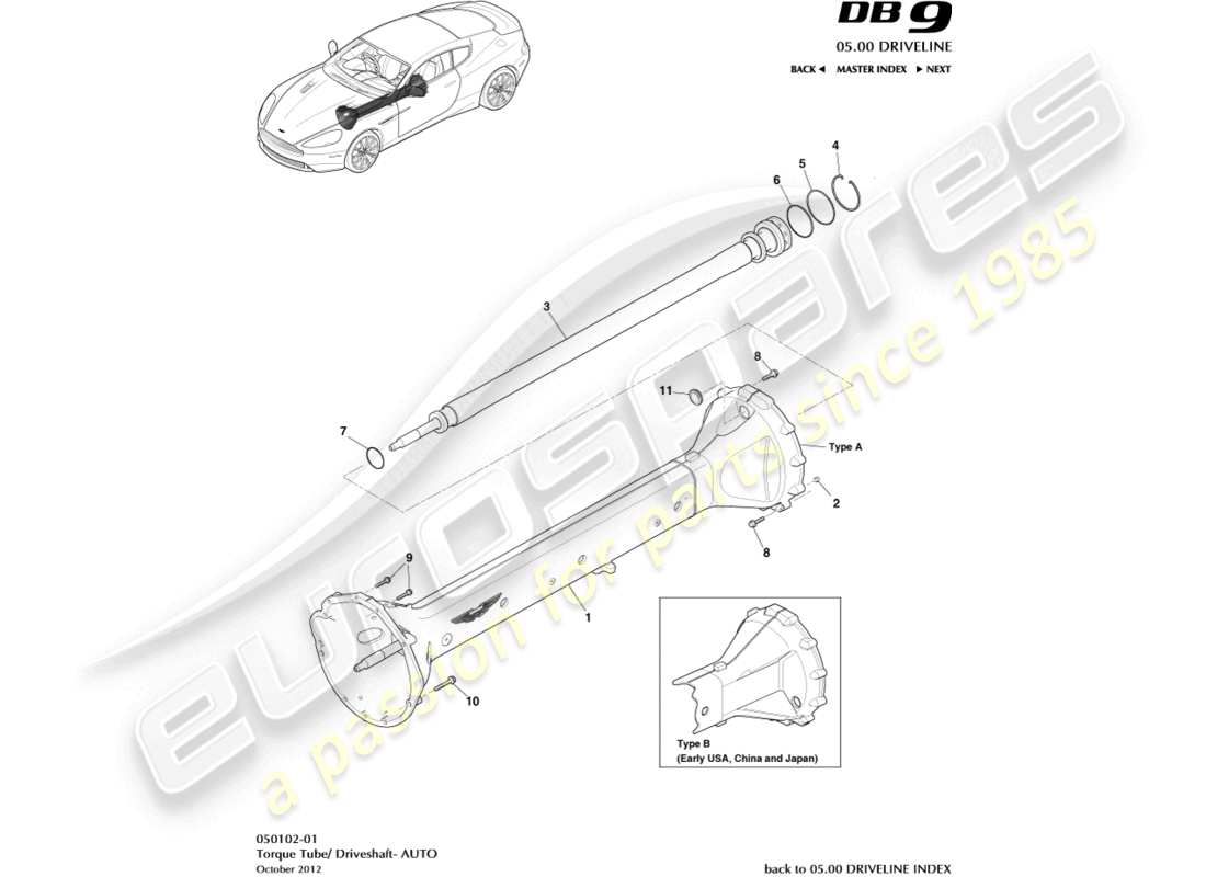 aston martin db9 (2016) diagramme des pièces de l'assemblage du tube de couple