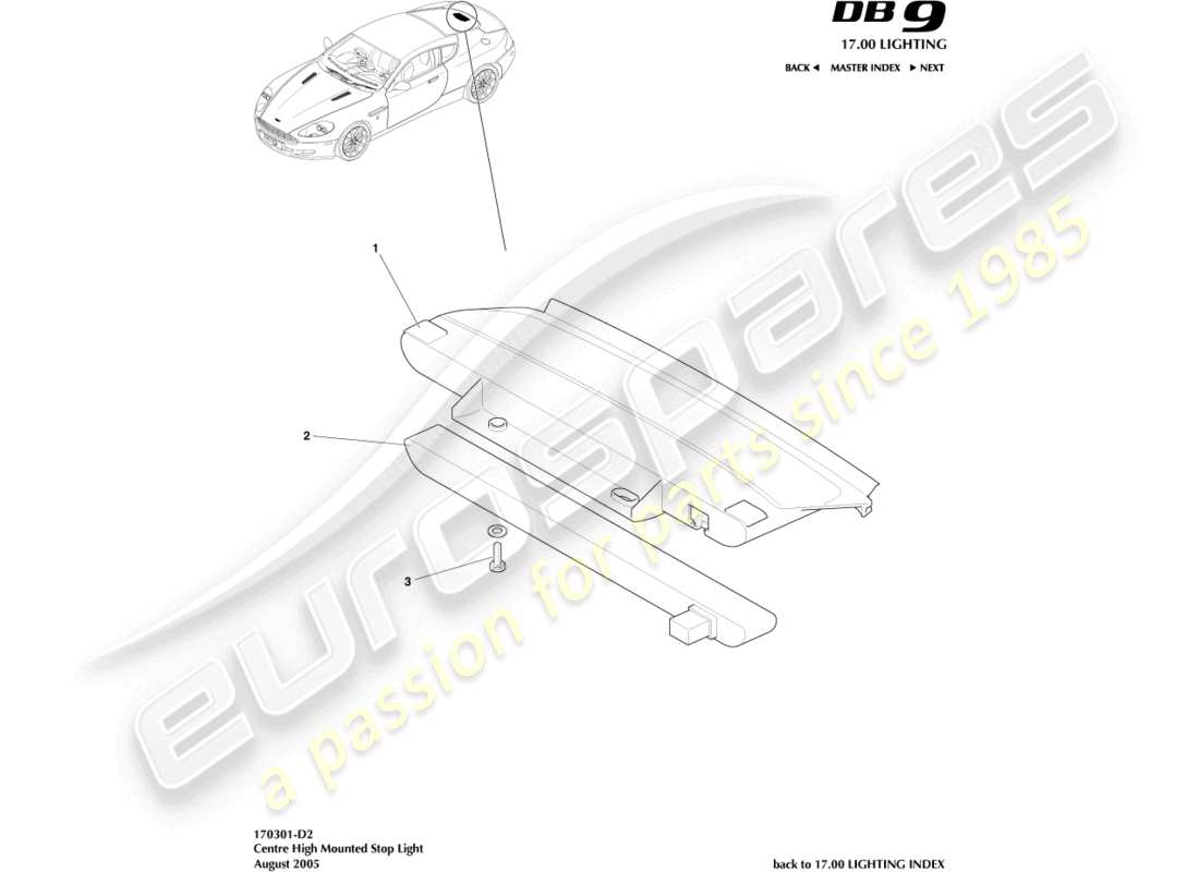 aston martin db9 (2005) lampe sop montée en hauteur, diagramme des pièces du coupé