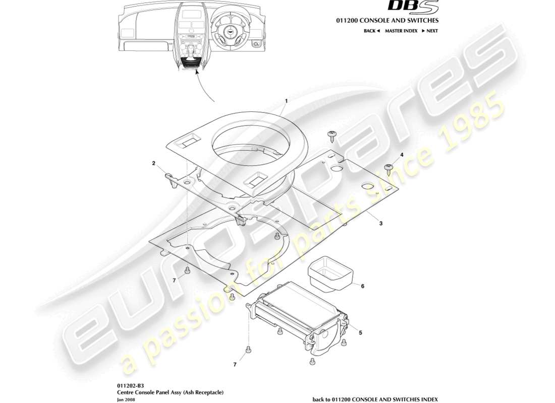 aston martin dbs (2010) console centrale, diagramme de pièce manuel