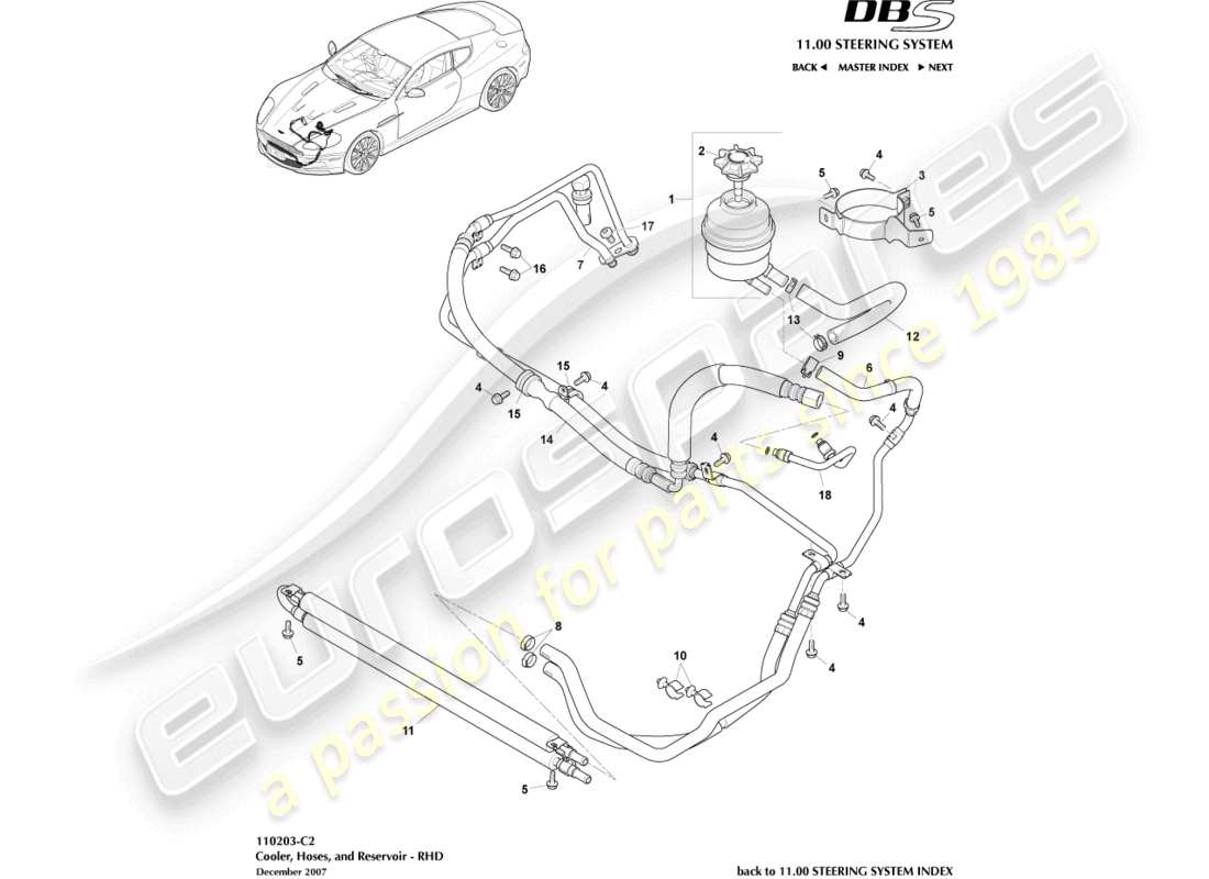 aston martin dbs (2010) refroidisseur, tuyaux et réservoir, diagramme de pièces rhd